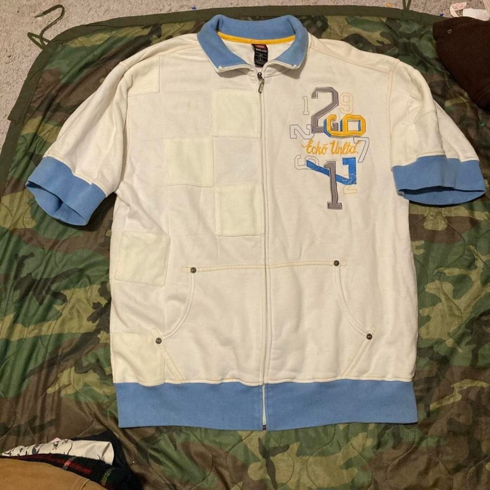Ecko Unltd white blue full zip short sleeve sweatshirt y2k vintage men's L‎